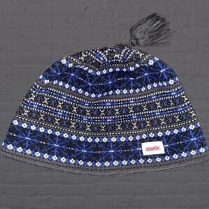 Swix Beanie Hat Blue Knit Nordic Ski Tassel Winter Cap Geometric Inner Fleece